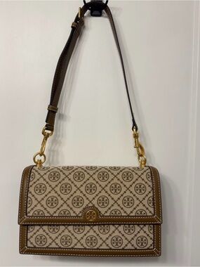 Tory Burch Beige and Brown Canvas Logo Shoulder Bag with Gold Hardware